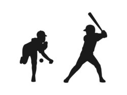 Black and white clipart of two baseball players, one pitching and one in baseball batting pose.